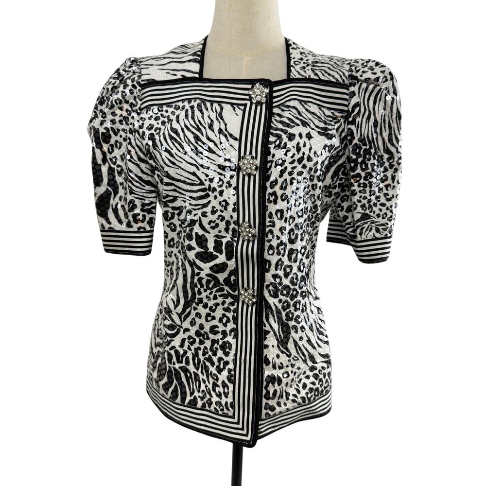 Karen Lawrence Vintage B/W Animal Print, Sequins and Rhinestone Buttons, Size 6
